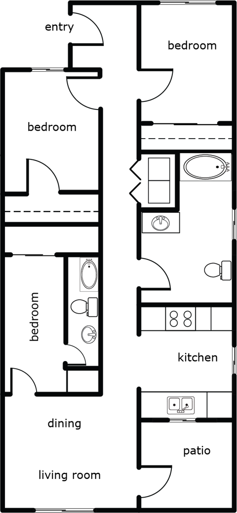 the floor plans for the two bedroom apartments include a living room and a dining room